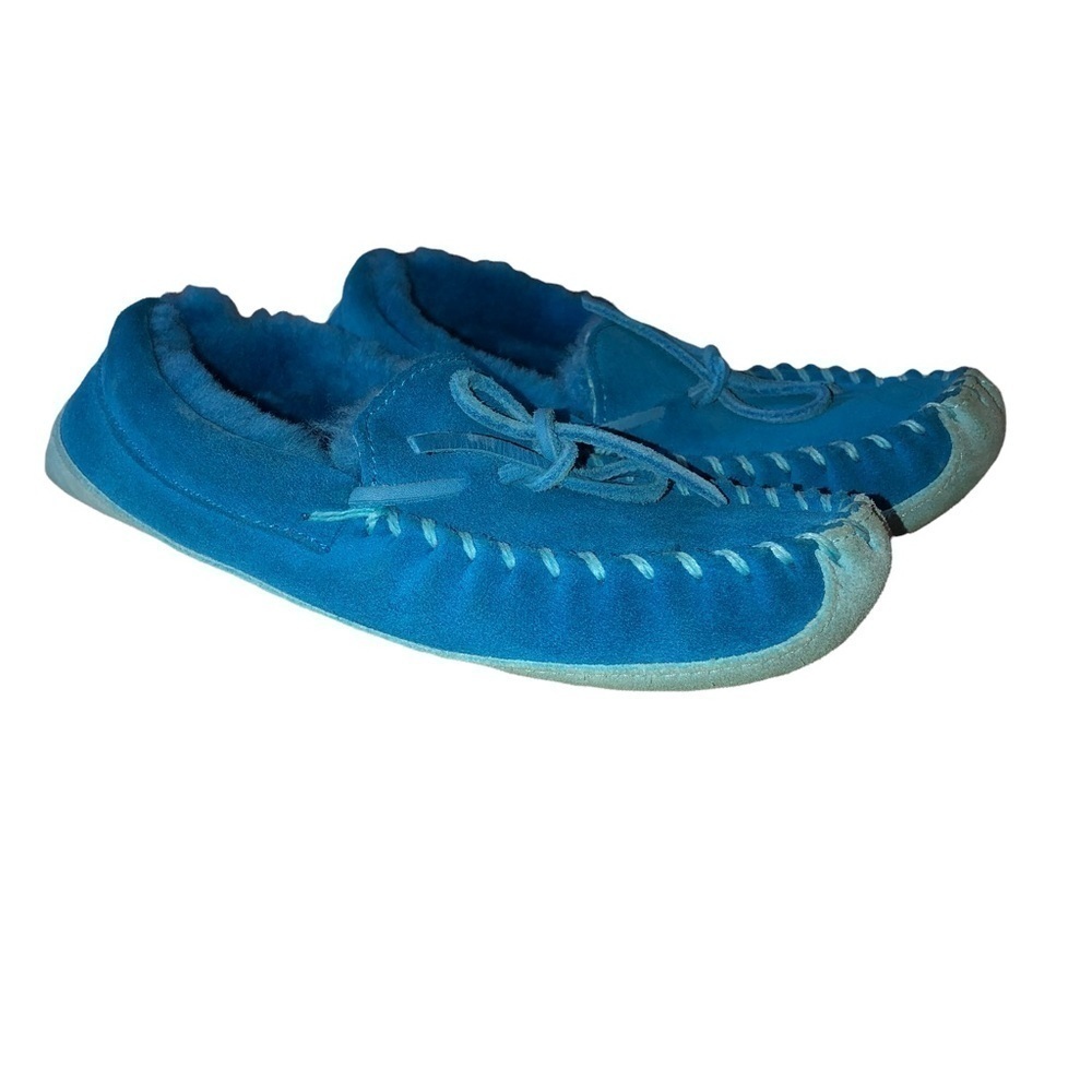 LL BEAN Kids Bright Blue Shearling Suede Slippers Indoor Lounge Shoe Sz 4